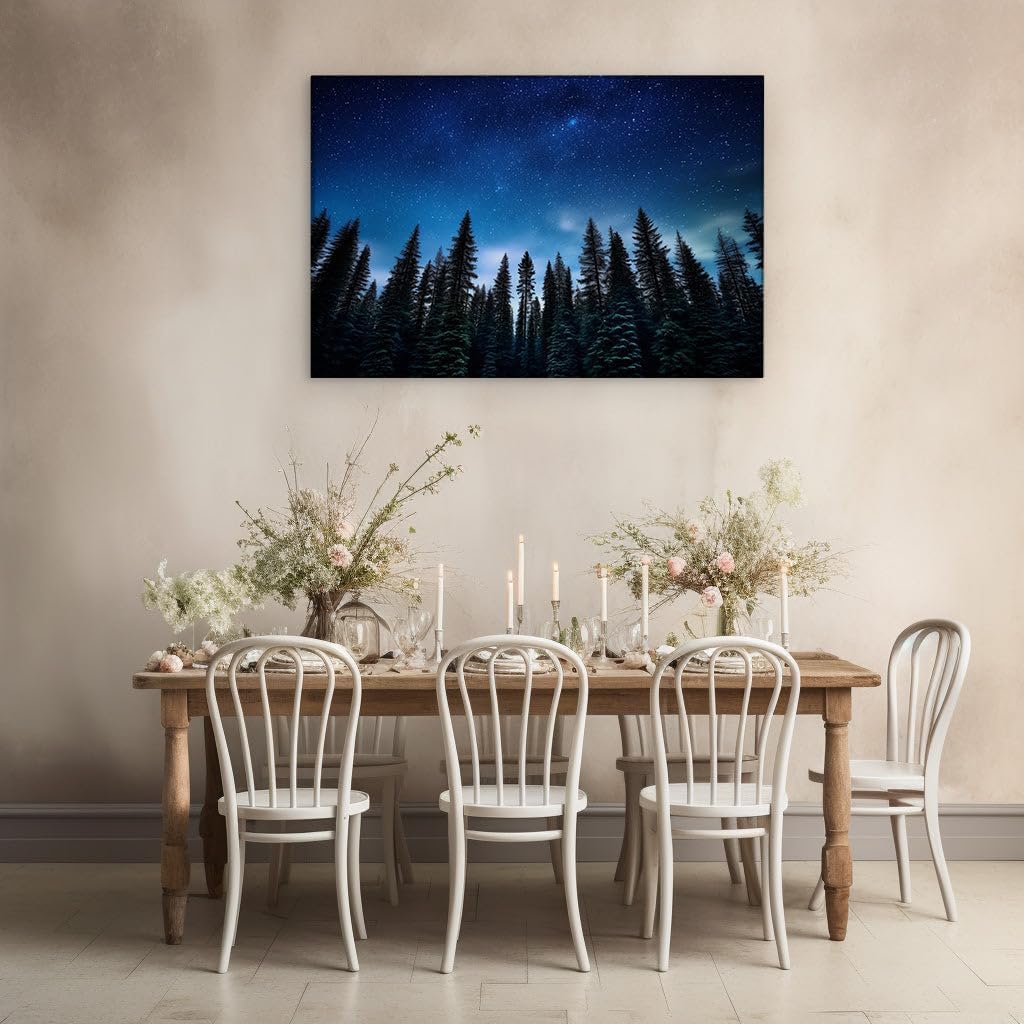 Canvas for Living room. Stargazing Serenity: A Mesmerizing Forest Night Sky, 27 x 18 inch Canvas Wall Art - Modern Home Decor