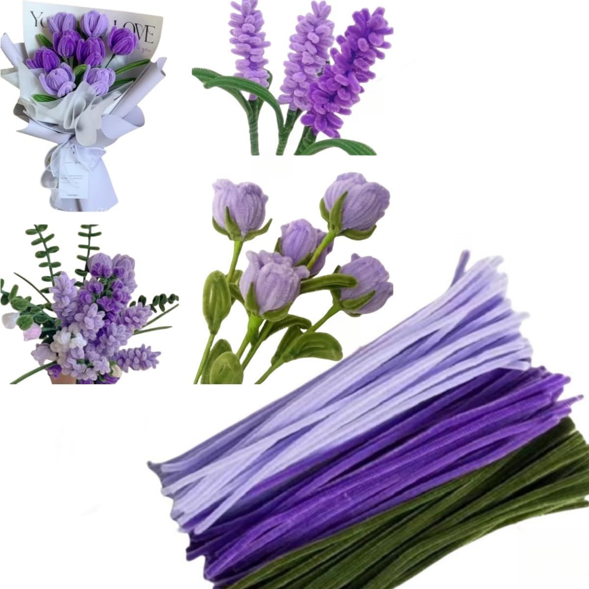 Premium Chenille Stems Thick Pipe Cleaners, Craft Supplies for Flowers Making, Bouquet, DIY Art, Floral Creations, School Projects, Home Decorations (Purple, lavender, Green 300pcs)-image-45