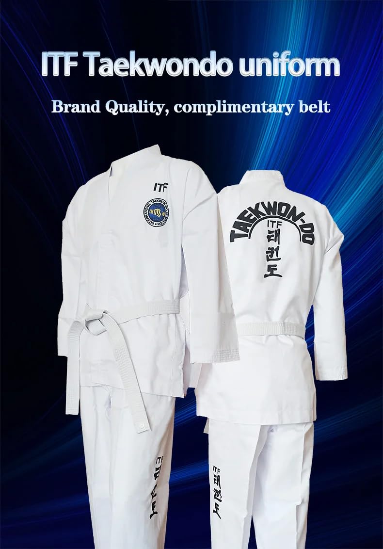 Taekwondo Gi Uniforme Set Taekwondo ITF Standard Uniforme TKD Suit Con Cintura 170cm, 1-3 dan, Suitable for 170cm height