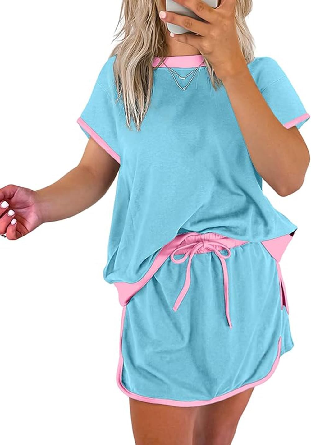 Two Piece Sets for Women Summer Casual Short Sleeve Tshirts and Drawstring Mini Skirts Vacation Lounge Sets