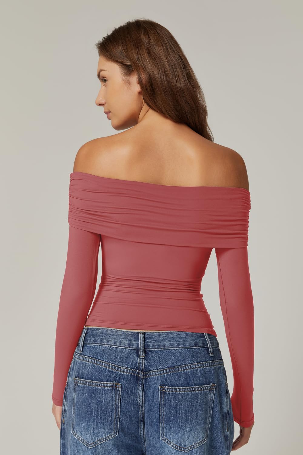 QINSEN Womens Off The Shoulder Tops Double Lined Long Sleeve T Shirts Slim Fitted Stretchy Crop Top - Image 3