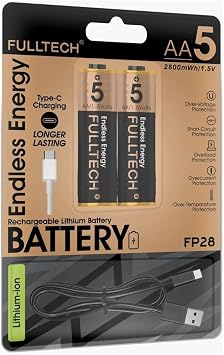 Şarjlı Kalın Kalem Pil AA Şarj Edilebilir Pil 1.5V 2800mWh Lityum-İon Kalın Pil AA 5 Type-C Şarjlı (AA, Her Paket, 2)