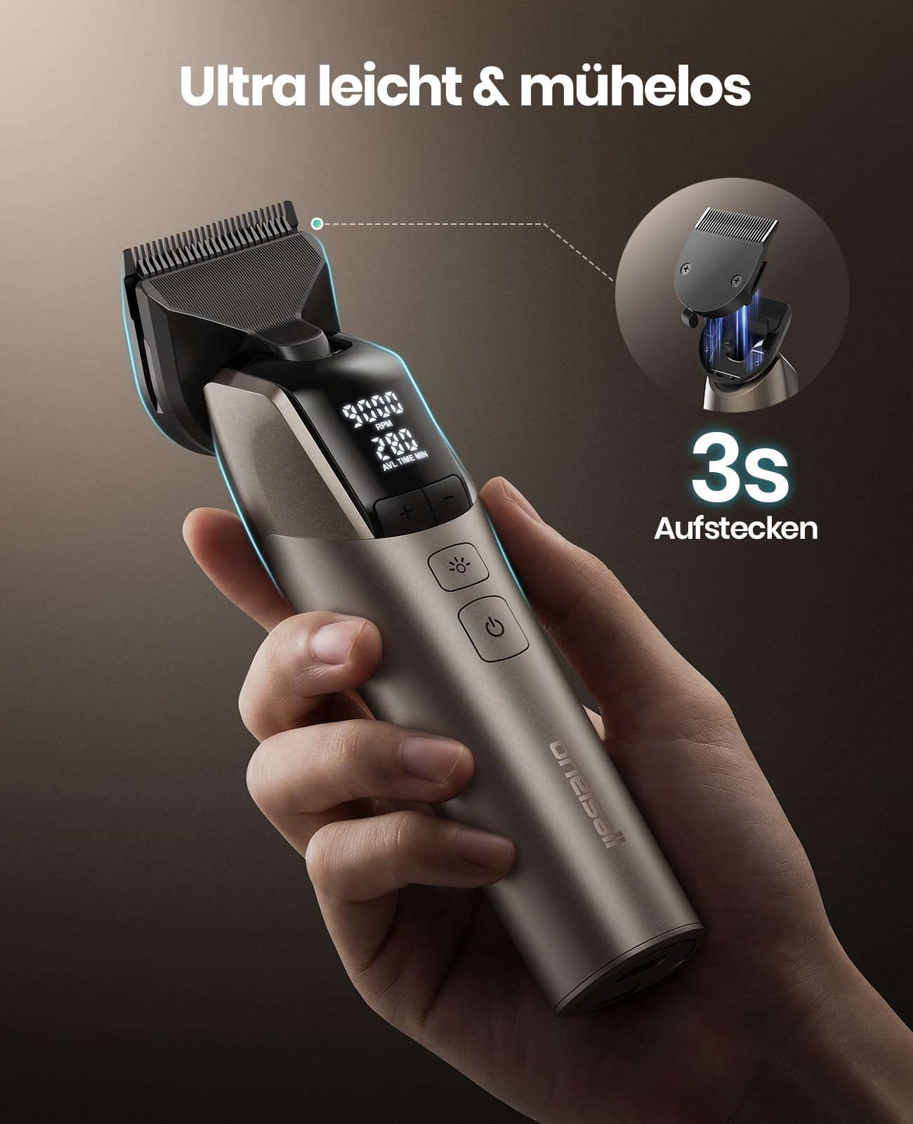 oneisall Profi Schermaschine Hund Langhaar | 9000 RPM 5-Geschwindigkeit, 5-in-1 DLC-Klinge, 280 Min Laufzeit, <50 dB leises, 8 Metall-Führungskämmen und Tragetasche