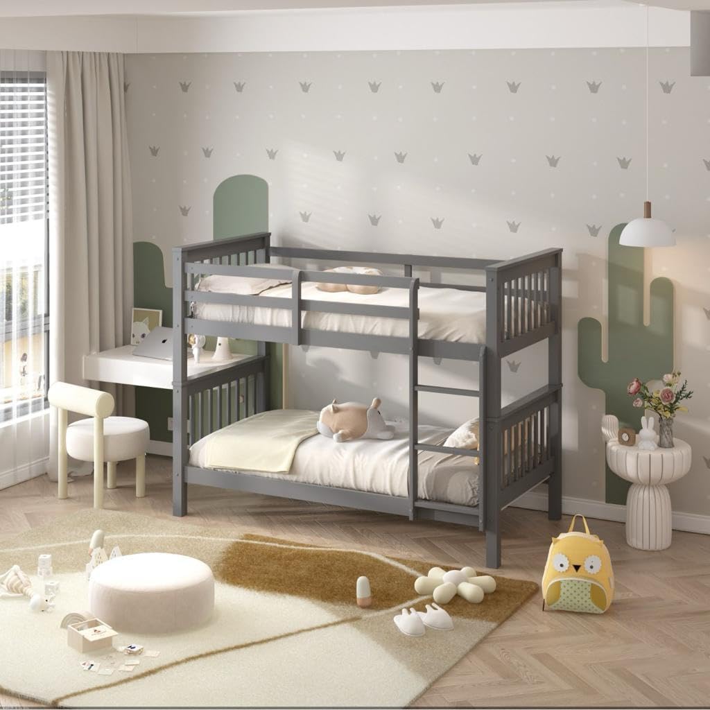 Bunk Bed for Kids – Double or Triple Sleeper, With or Without Mattress, Wooden Frame with Safety Rails & Ladder – Space-Saving Design (Grey, Double without Mattress)