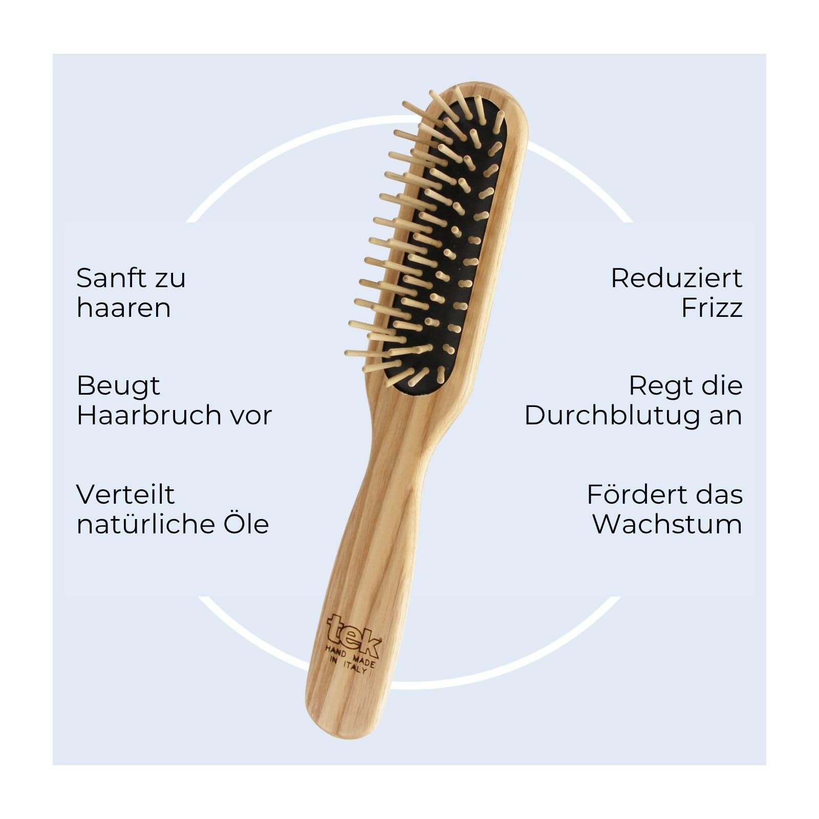 TEK | Rechteckige Haarbürste aus Holz mit Kurzen Abgerundeten Zinken aus Natürlichem Eschenholz, Entwirrbürste für Styling und Tägliche Pflege von Kurzem Haar | 22 x 4 cm | Handmade in Italy