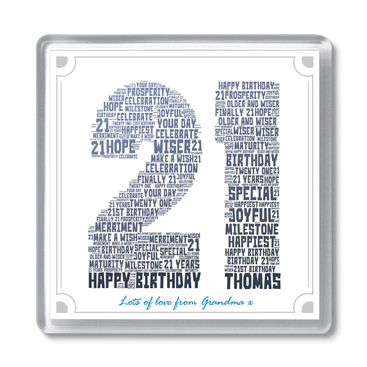 PREZZIFY Personalized 21st Birthday Coaster – Custom Name & Message, Word Art Unique Gift Ideas for Men Women Son Daughter, Acrylic 10cm Square