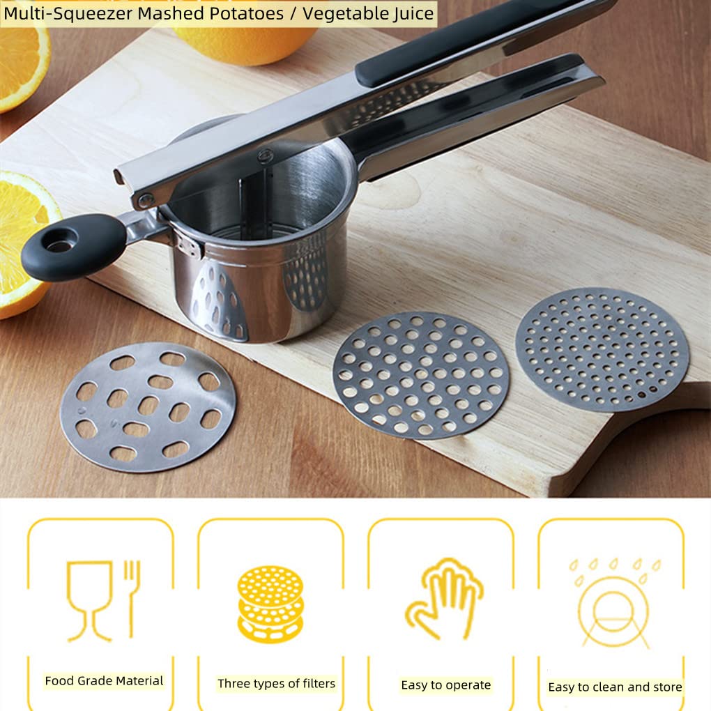 Stainless Steel Potato Masher with 3 Interchangeable Mesh and Silicone Handle, Potato Press and Fruits