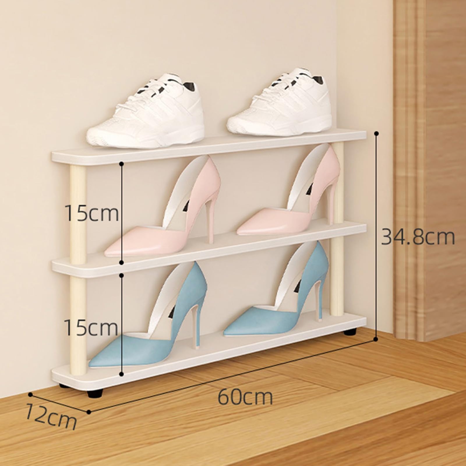 Wąski stojak na buty 12 cm, wąski, oszczędzający miejsce, drewniany do szafy wejściowej i małych przestrzeni, stylowa półka do przechowywania za drzwiami, białe i naturalne wykończenie (60 x 12 x 34,8