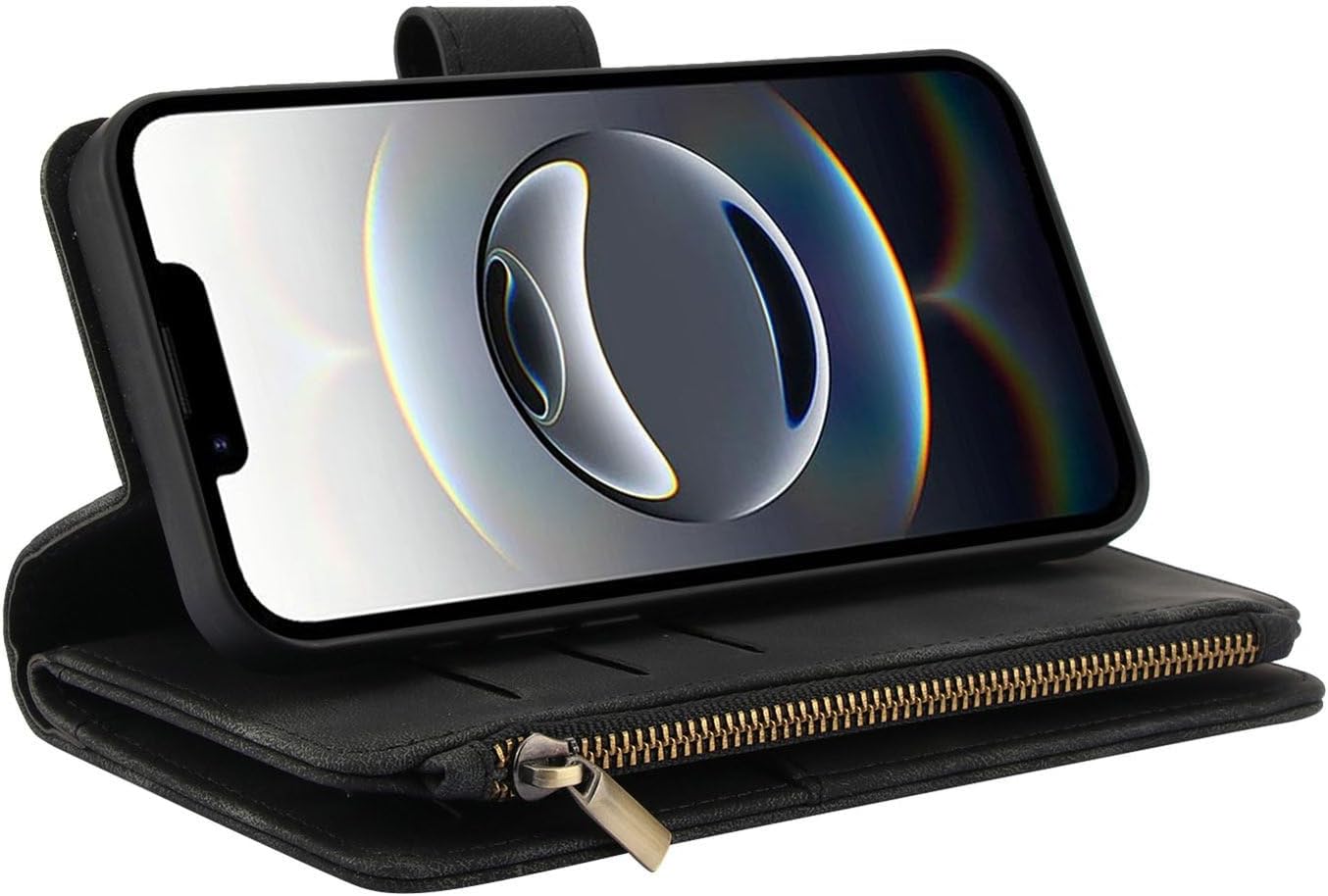 for iPhone 17 Crossbody Wallet Case with Card Holder, PU Leather Magnetic Strap Zipper Pocket Phone Cover - Black