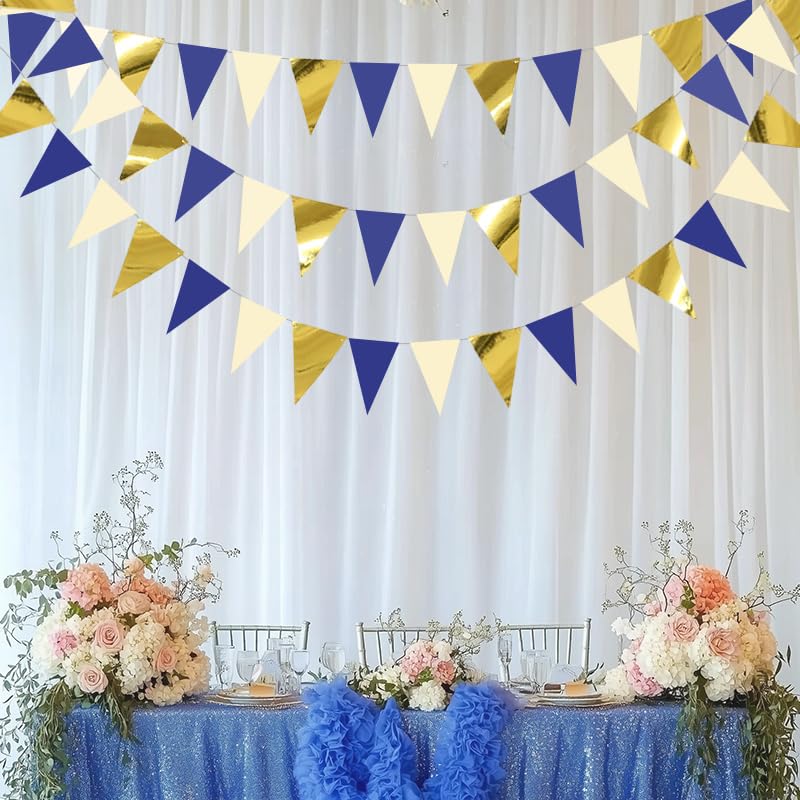 Image of Blue Gold Beige Hanging Triangle Flag Pennant Garland Blue Gold Hanging Paper Pennant Streamer Paper Triangle Flag Bunting Banner for Graduation Wedding Birthday Party Decorations 30 Feet