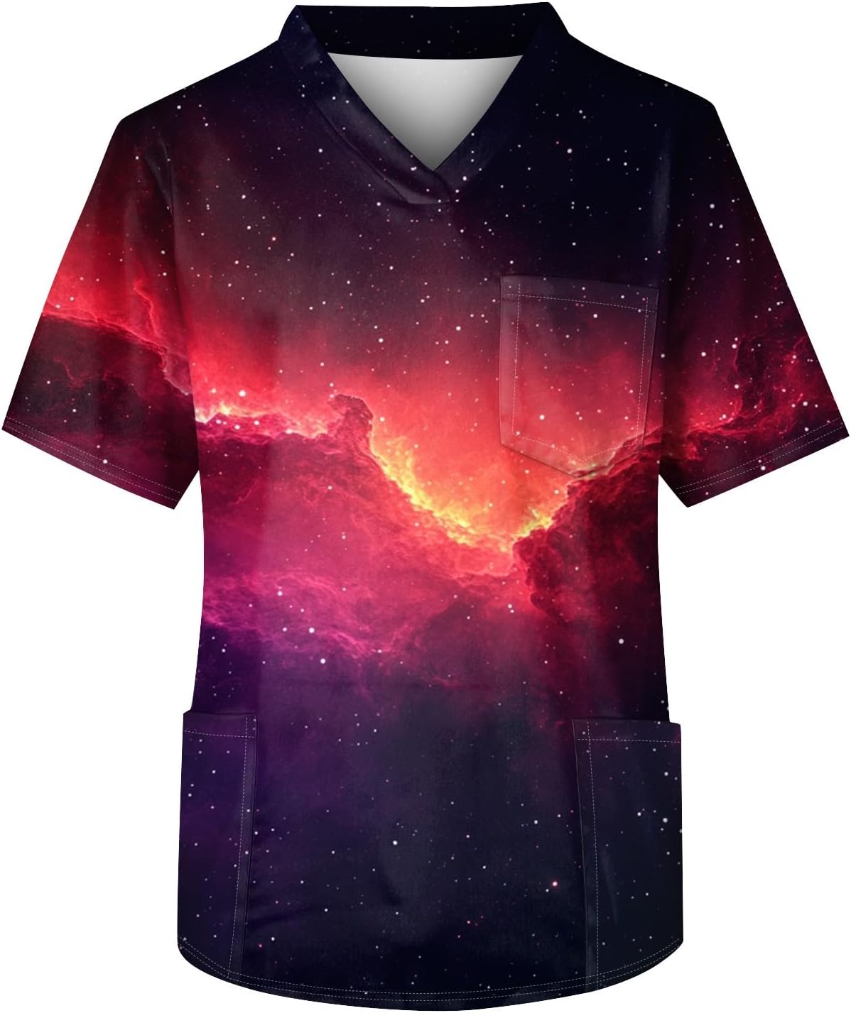 Men's V-Neck Scrubs Top Short Sleeve Printed Soft Stretch Work Scrub Shirts with Pockets