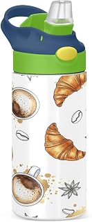 Breakfast Croissants Coffee Kids Water Bottle 12 OZ Stainless Steel Ice Cup with Straw Lid Insulated Flasks Double Wall Vacuum Travel Mug for Toddler Boys Girls School