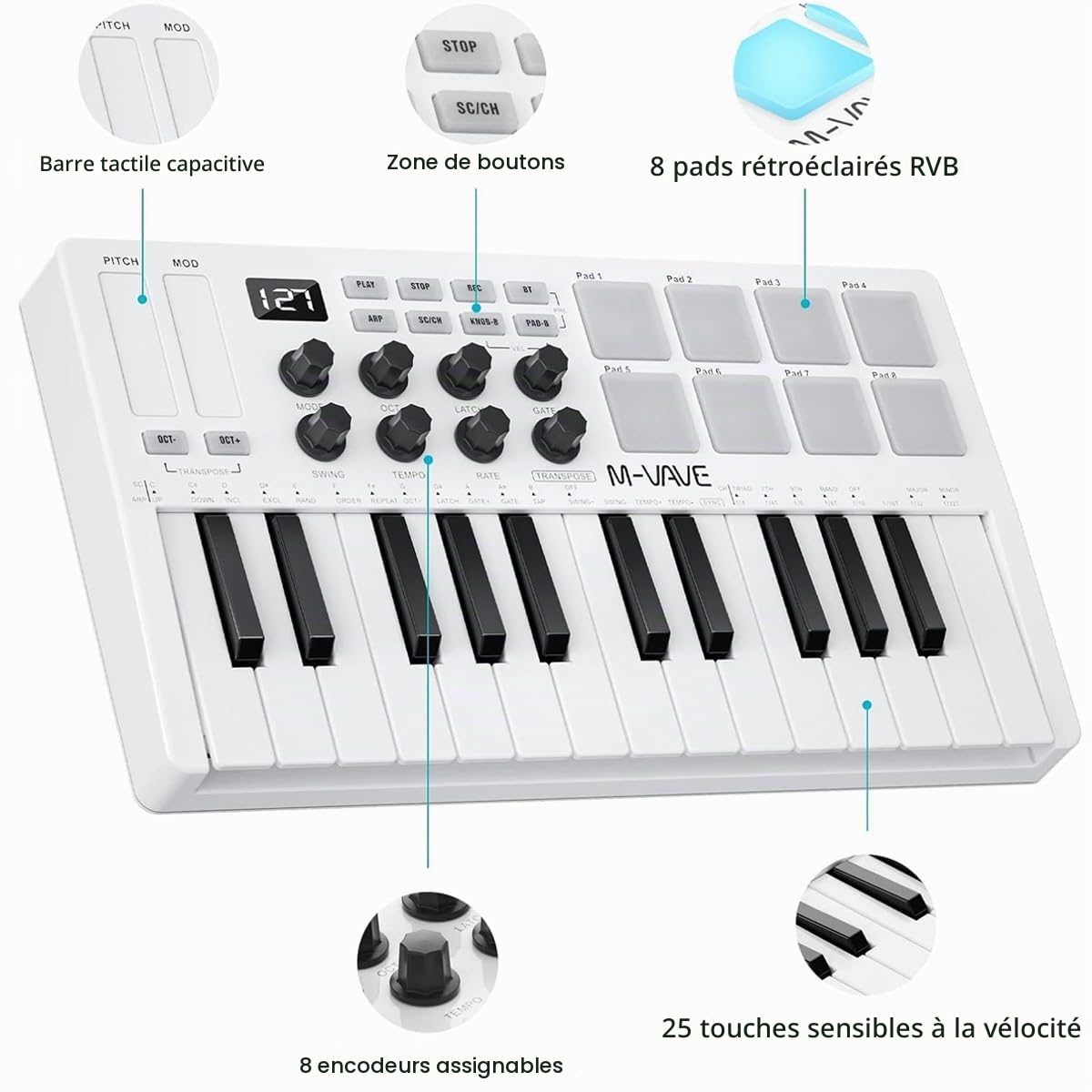 M-VAVE SMK-25 - Contrôleur de clavier MIDI USB 25 touches avec 8 pads de batterie rétroéclairés, Bluetooth, touches dynamiques professionnelles, 8 boutons