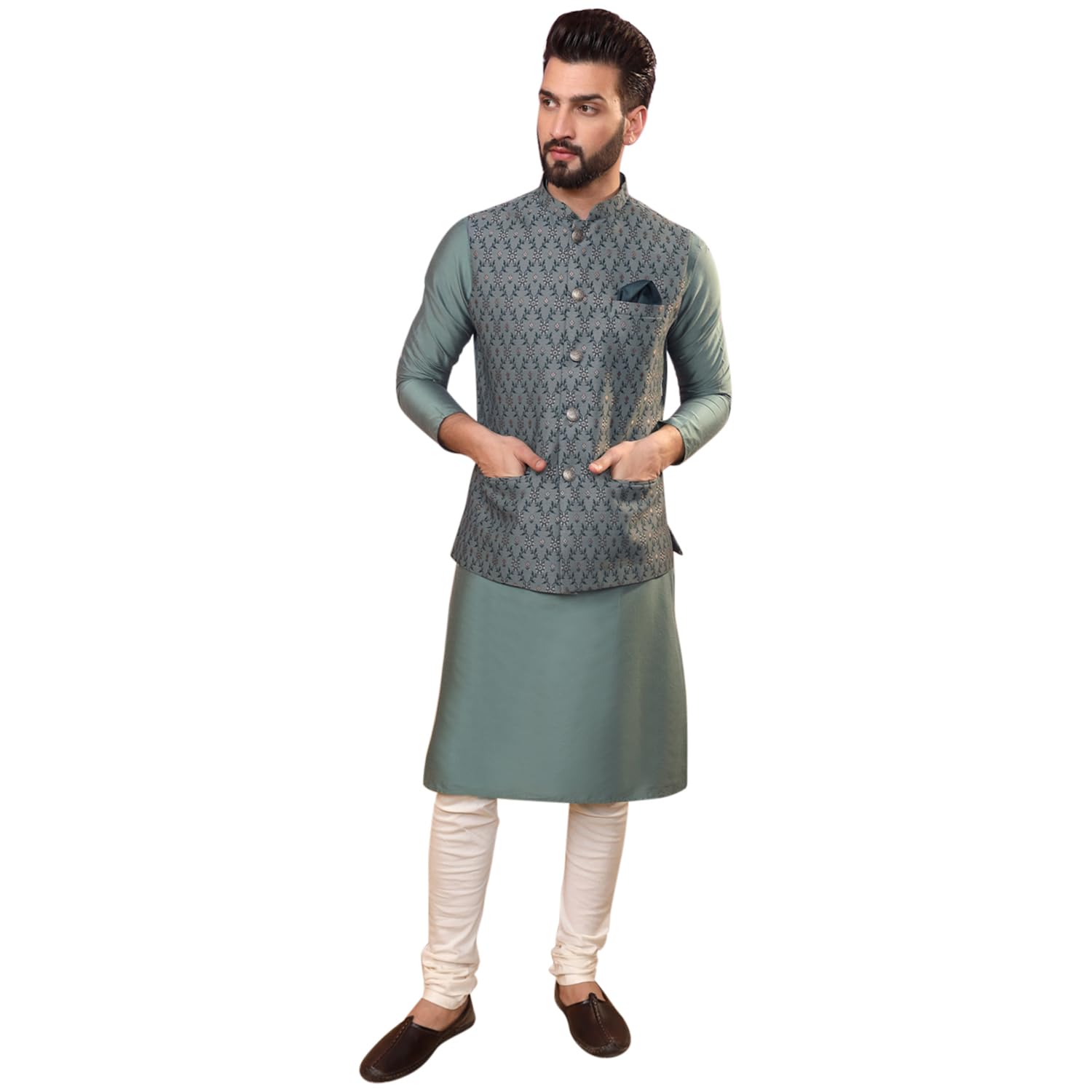 Kisah Men's Ethnic Wear Regular Fit Cotton Blend Woven Design Green Kurta Churidar And Jacket Set|38