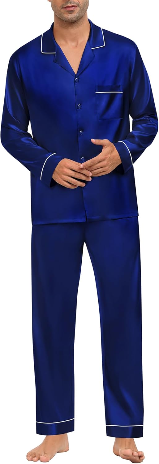 SWOMOG Mens Silk Pajamas Set Satin Long Sleeve Button Down 2 PCS Sleepwear V Neck Classic Loungewear Pjs with Long Pants - Image 5