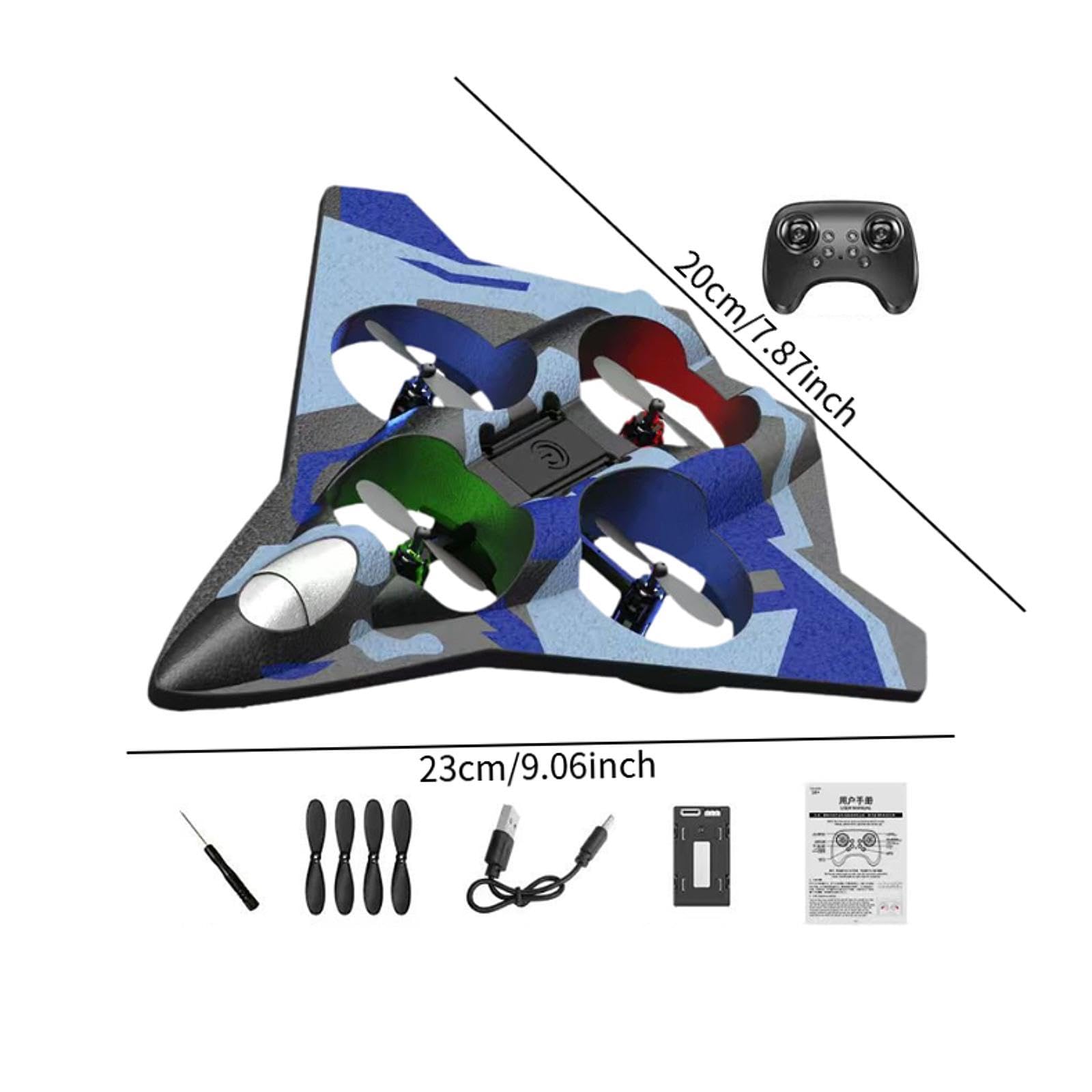 Qianly Avión Teledirigido Acrobático Avión RC de Fija con Luces de Cuatro Motores Recargable y Planeador de Espuma EVA Adecuado para, Batería Doble Azul