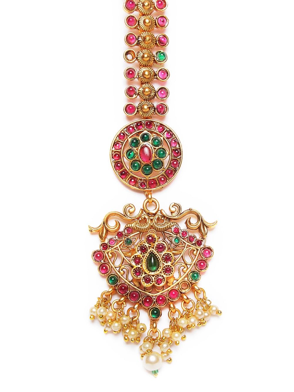 Gold-Plated Ruby & Emerald Kemp Stone Studded Pearl Beaded Maang Tikka for Women | Traditional Bridal Head Jewelry-image-32