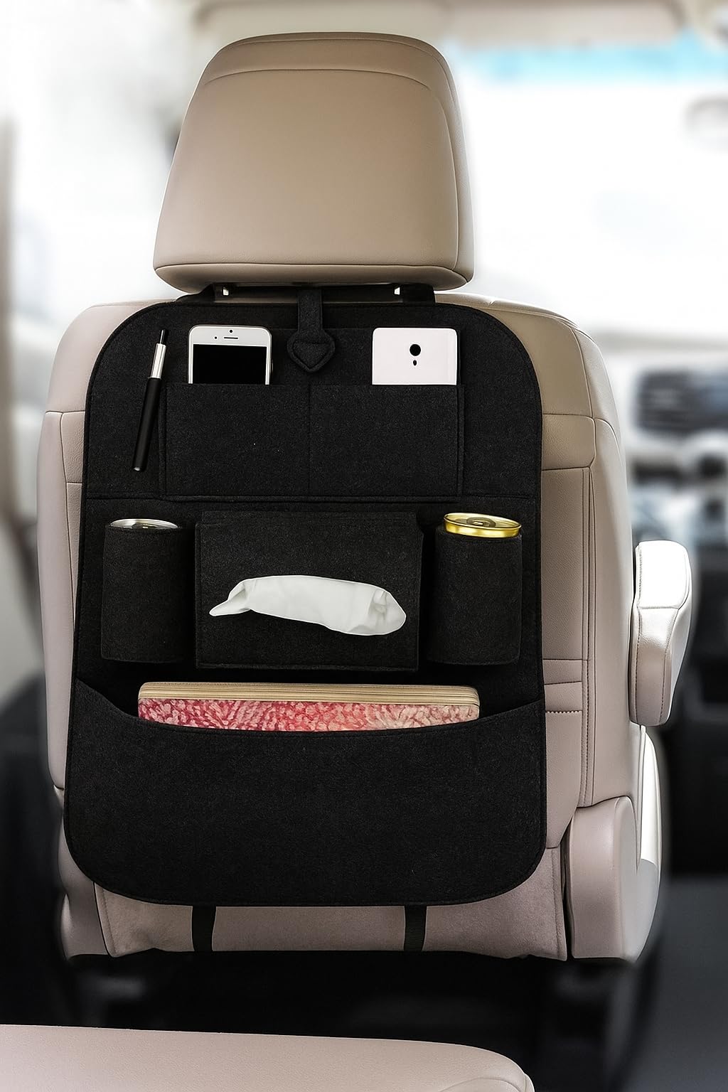 VIVALUXE 2'li Araba Koltuk Arkası Düzenleyici – Su Geçirmez Deri Görünümlü Organizer, Çok Cepli Saklama Çantası, Tablet, Şişe, Doku Kutusu ve Oyuncak Tutucu, Evrensel Araç İçin