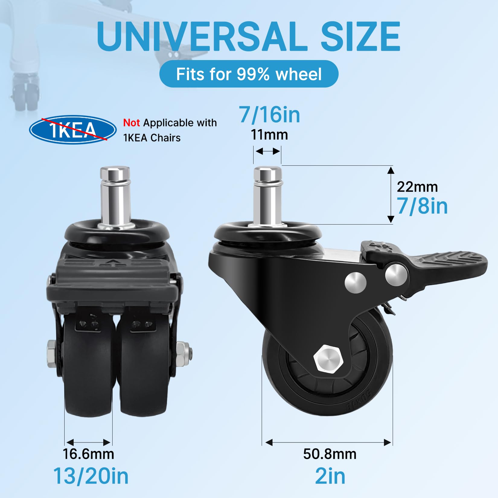 Nefish Ruedas giratorias para silla de oficina con freno, 11 mm, 2 pulgadas, de goma resistente, soporta 750 libras (juego de 5), rodillos silenciosos para sillas de escritorio, seguros para todos los