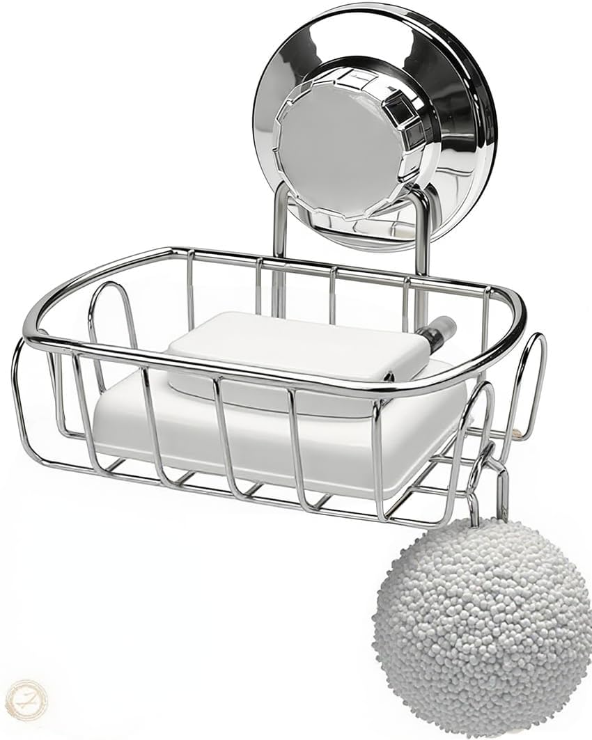 No Drill Suction Soap Dish Holder, Stainless Steel Wall Basket with Hooks