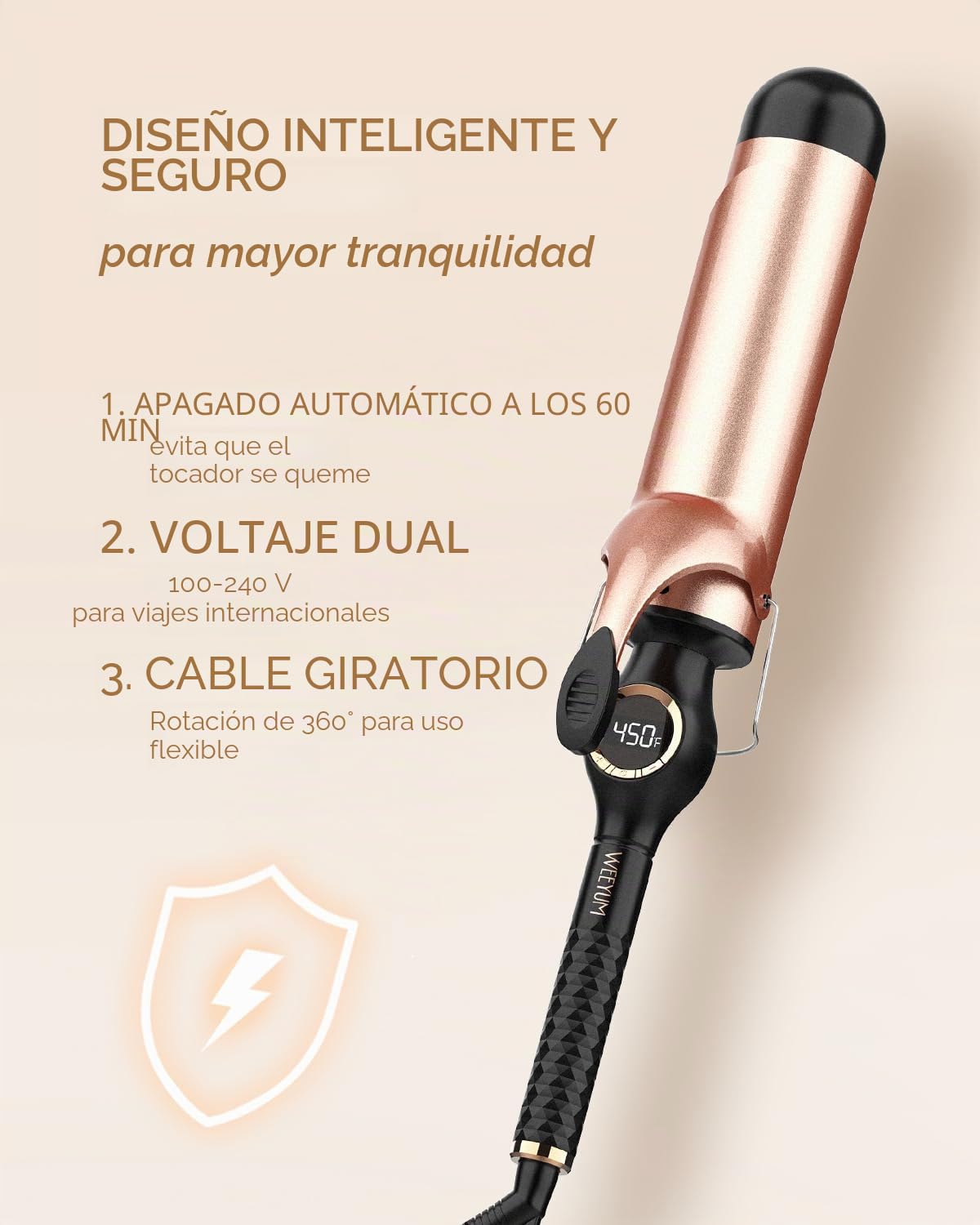 Curling Iron 2 pulgadas, varita de rizador grande para cabello, cerámica de barril largo, rizador de pelo de doble voltaje