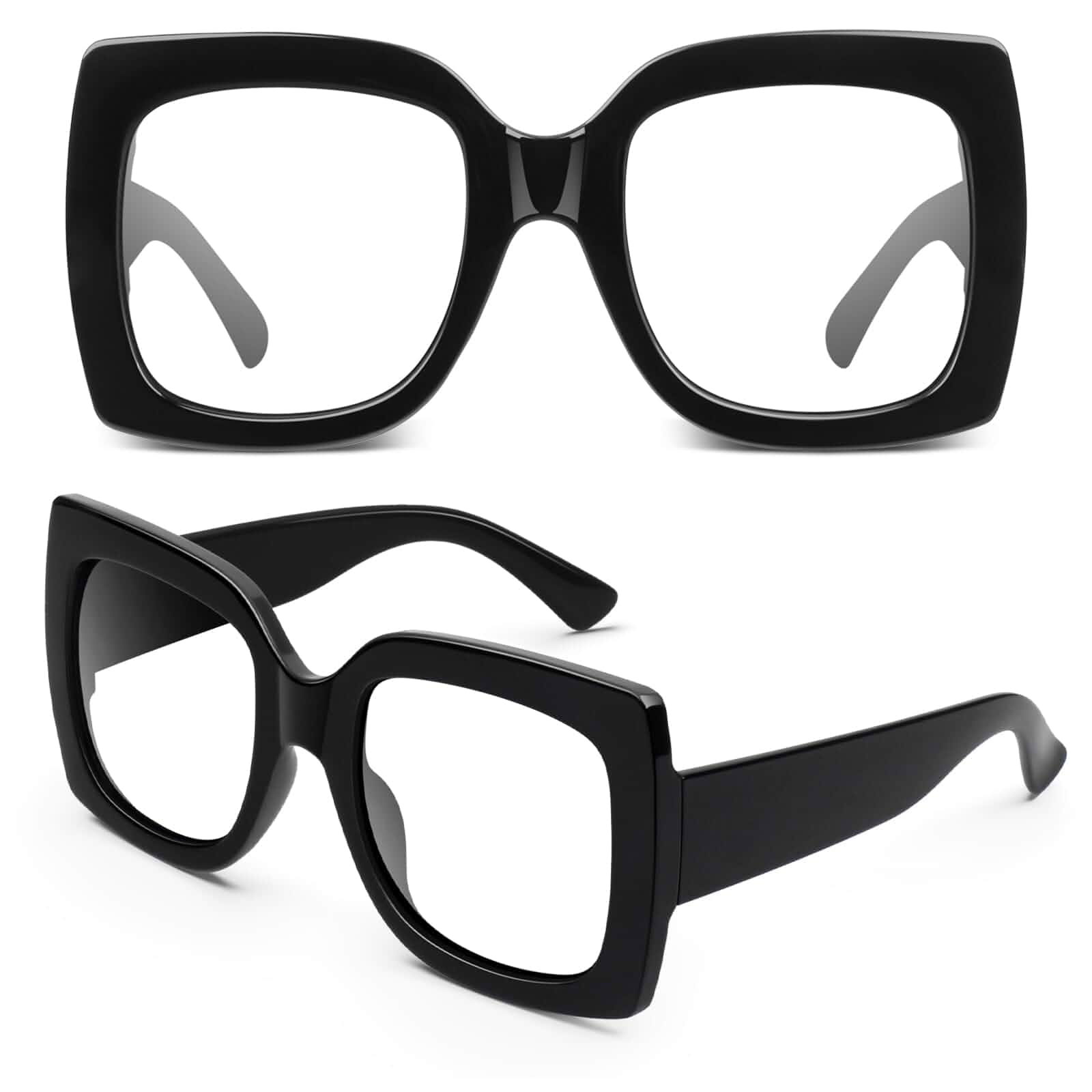 GQUEEN Oversized Fake Glasses Women Men Retro Square Frame Clear Lens Tangle-free Design, Vintage Style, UV400 Protection, Thick, Big, Non-prescription, Eyeglasses