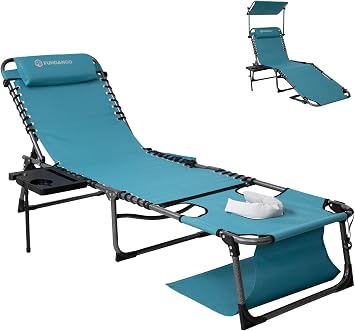 FUNDANGO 4 in 1 Tanning Chair with Face Hole, Beach Lounge Chair with Canopy Shade & Side Table Chaise Lounge Chairs for Patio, Pool, Lawn, Sunbathing, 5-Position Adjustable Sun Lounger, Cyan