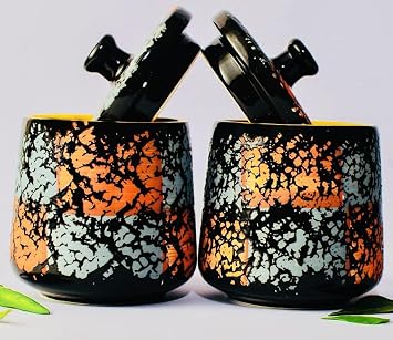 KV Crockwares Stylish Black Candy Design Pickle Jars with Lid | Salt Jars for Kitchen Storage Container Pack of 2