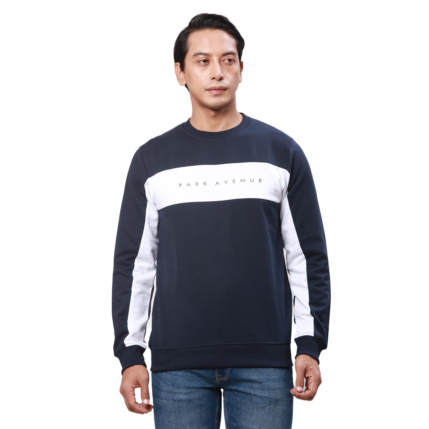 park avenue Men's Slim Fit Cotton Polyester Blend Full Sleeve Crew Neck Print Pattern Dark Blue Casual Sweatshirt-picture-11
