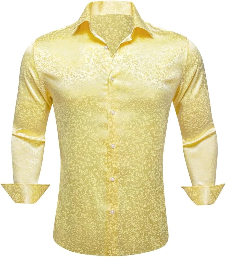 Men Silk Satin Long Sleeve Gold Flower Male Blouses Casual Lapel Tops Breathable Streetwear