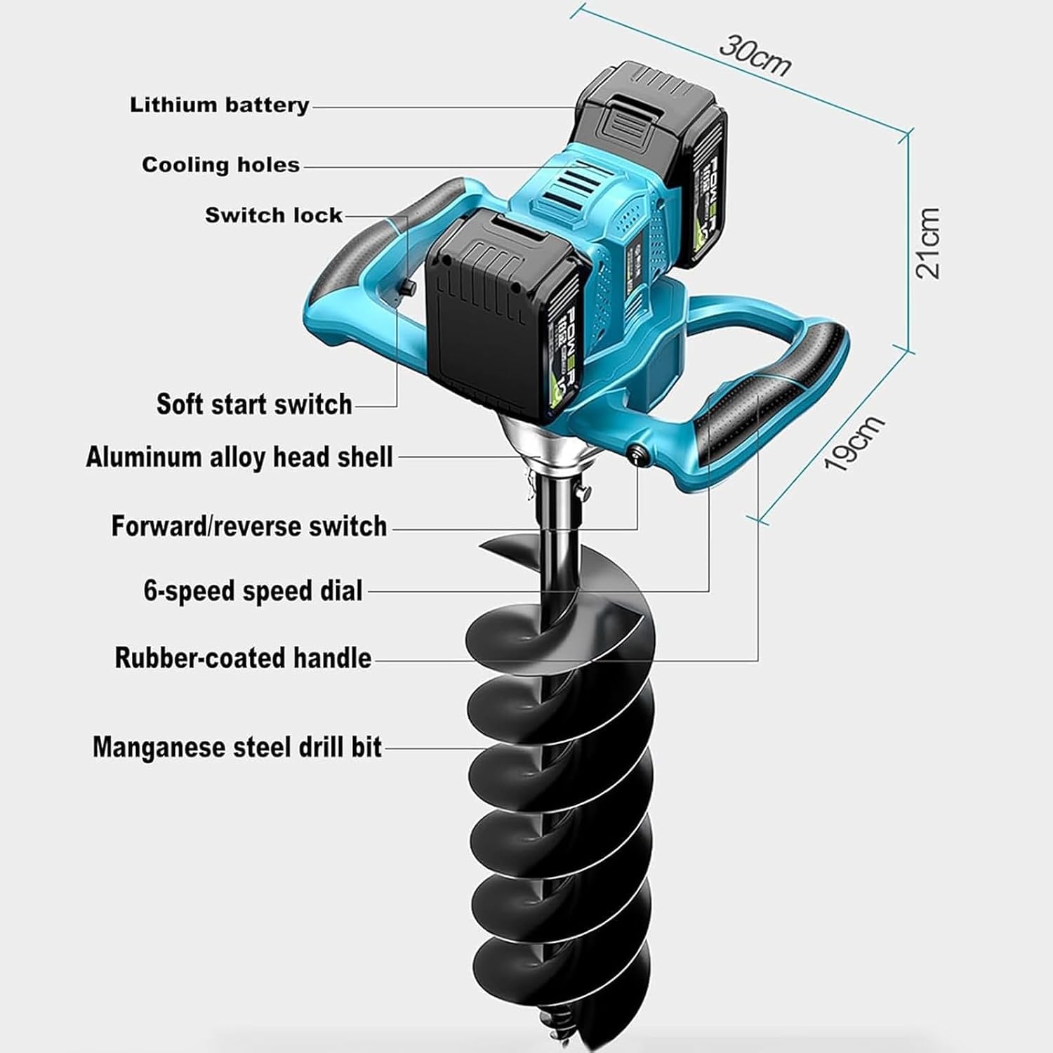 Taladro inalámbrico para postes de cercas de 1200 W, perforadora eléctrica de postes con 2 baterías, taladro de Tierra de Alto Torque de 1200 NM, para cercas.