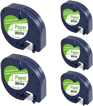 5-Pack Compatible with Dymo Letratag Refills 91200 91330 10697 S0721510 Label Maker Tape White Paper 12mm x 4m 1/2 x 13', Work with Dymo Letra Tag LT-100H LT-100T Plus 200B QX50 XR XM 2000