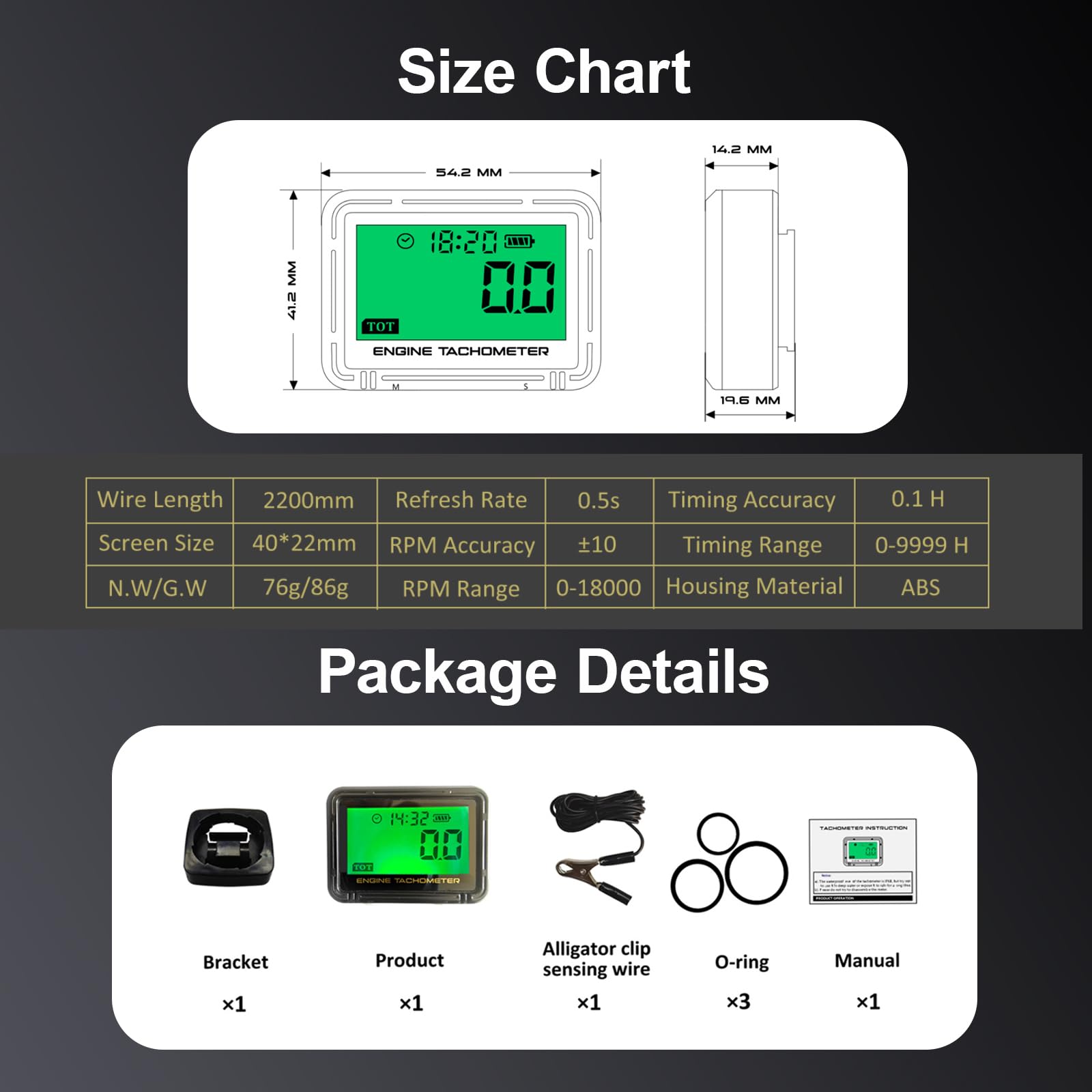 Tachymètre Numérique LCD 18 000 tr/min avec Compteur Horaire | Tachymètre avec Induction Sans Fil, Surveillance de Batterie, Étanchéité et Rappel D'entretien pour Moto, Tondeuse, etc