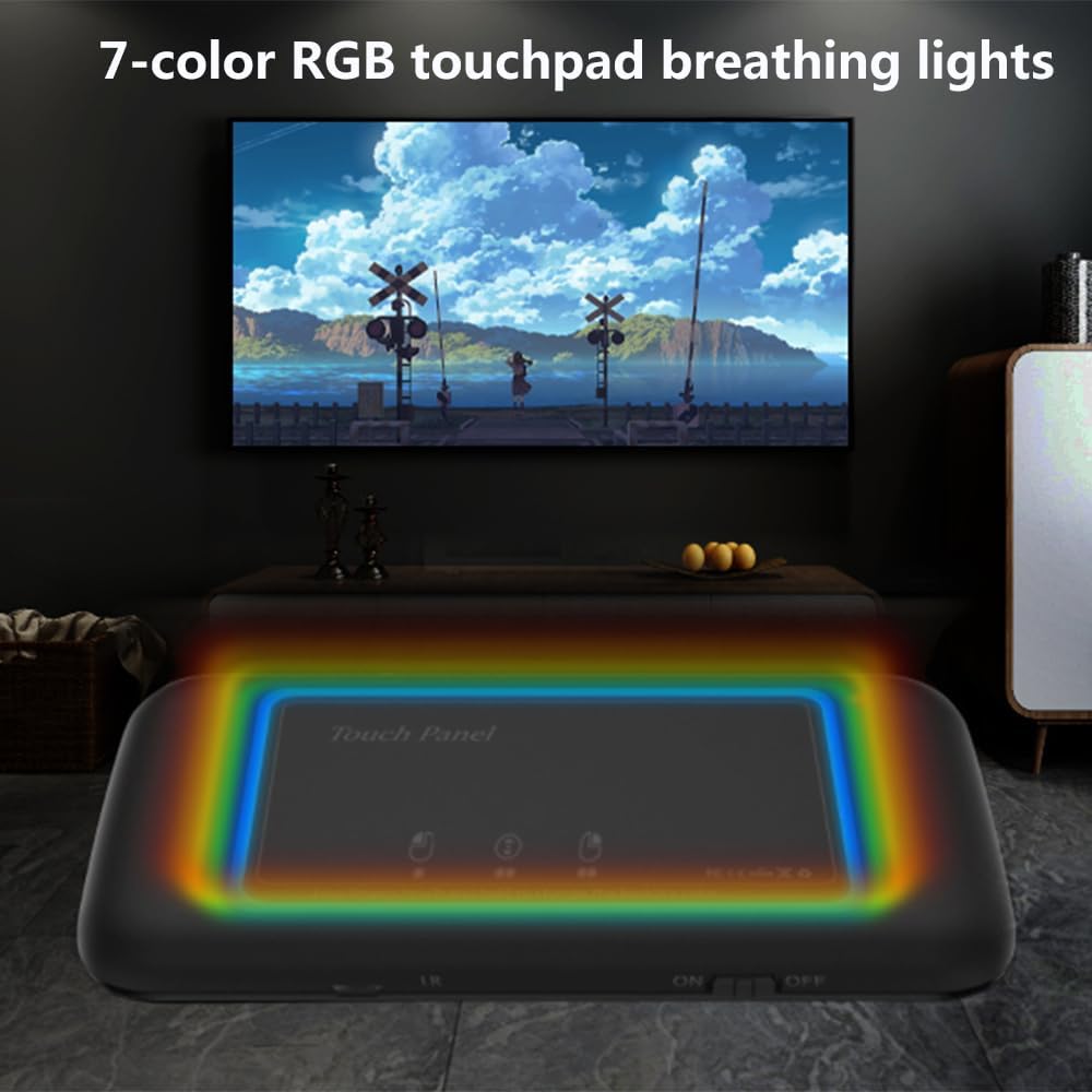 Mini Wireless Keyboard with Touchpad 2.4GHz Auto-Rotation Touch Panel IR Remote Learning Rechargeable Backlit Keys & 7-Color Breathing Light for Android TV Box, PC, Mac, PS4, PS3, HTPC, Smart TV