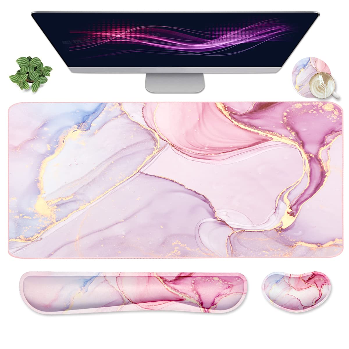 Large Mouse Pad and Keyboard Wrist Rest, Desk Pad for Keyboard and Mouse, 4-in-1 Large Gaming Mouse Pad with Wrist Support, Non-Slip Desk Mat for Home Office Study Game-Pink Marble