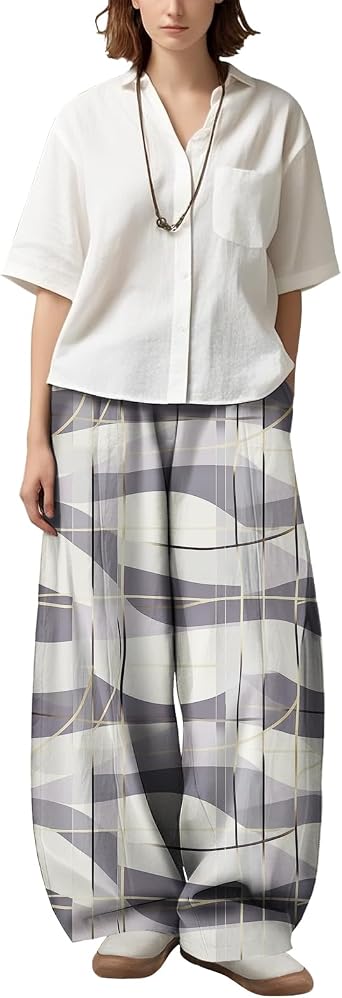 LOAIHA Summer High Waist Tie Loose Casual Bohemian Printed Wide Leg Pants for Women Plus Size Flowing Trousers