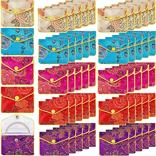 Zhengmy 50 Pcs Jewelry Silk Purse Pouch Gift Bags Bulk, Small Chinese Style Brocade Embroidered Bag With Zipper Snap For Women Girls Necklaces Earrings Bracelets 5 Colors #TOP7