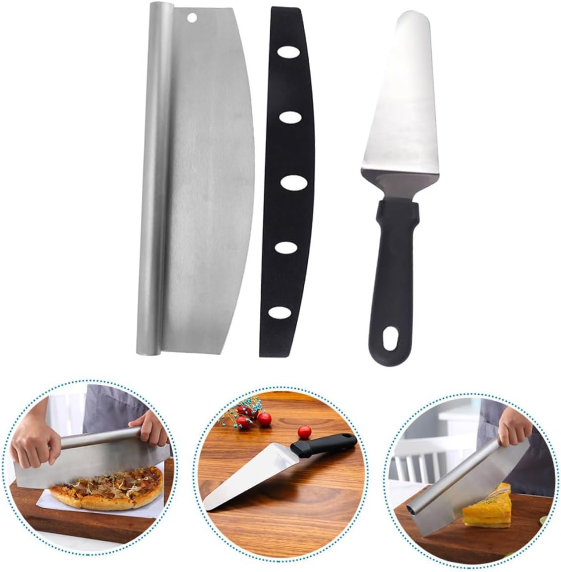 Garneck 2pcs Stainless Steel Pizza Cutter and Peel Set with Pp Handle Half-round Rotary Blade Pizza Cutting Tool and Triangular for Kitchen Making and Serving