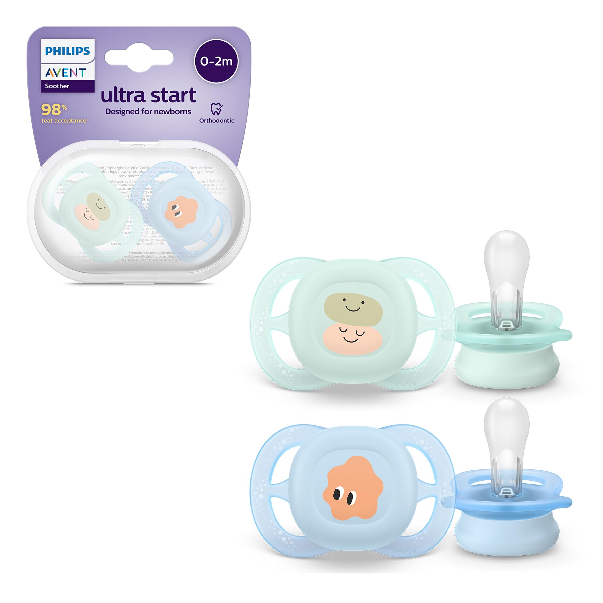 Philips Avent Ultra Start Soothers, Orthodontic Dummies Designed for Newborns, Silicone Symmetrical Teat, BPA Free, with Sterilising/Carrying Case, 2 Pack, Model SCF075/04