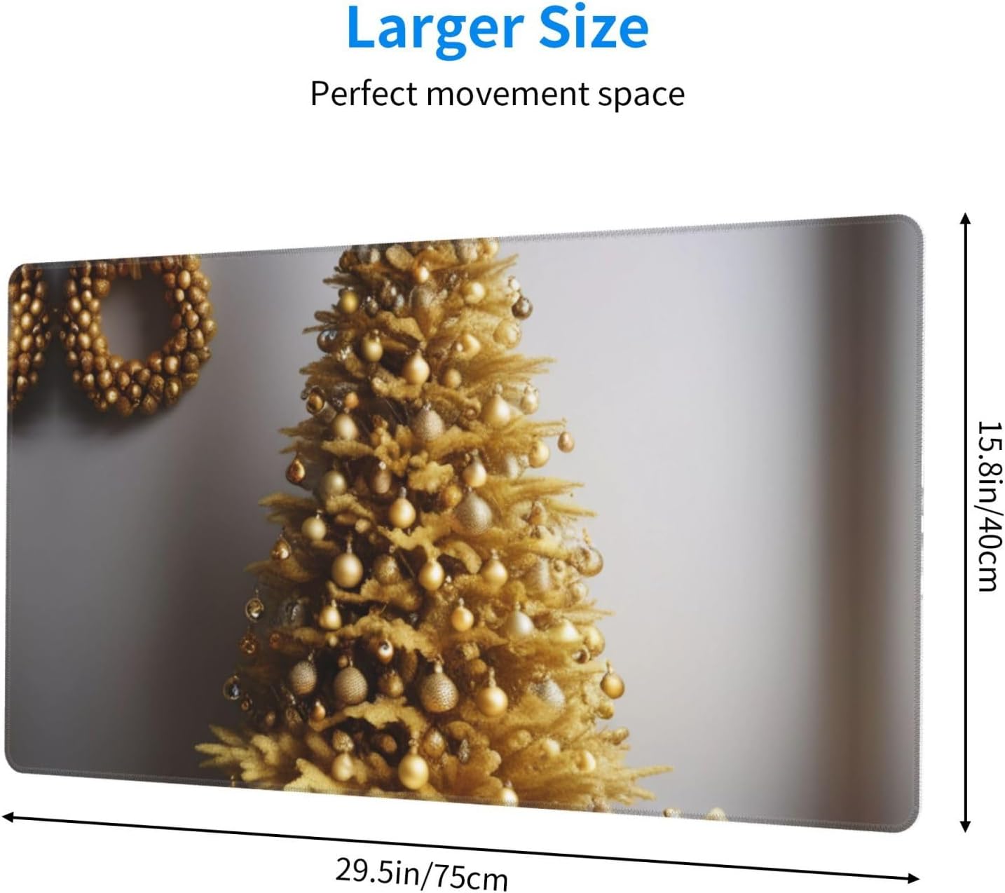 Golden Glitter Christmas Tree Printed Mousepad Pad,Large Gaming Mousepad Pad,Non-Slip Rubber Full Desk Pad Protector,Extra Large Size 16''x29''