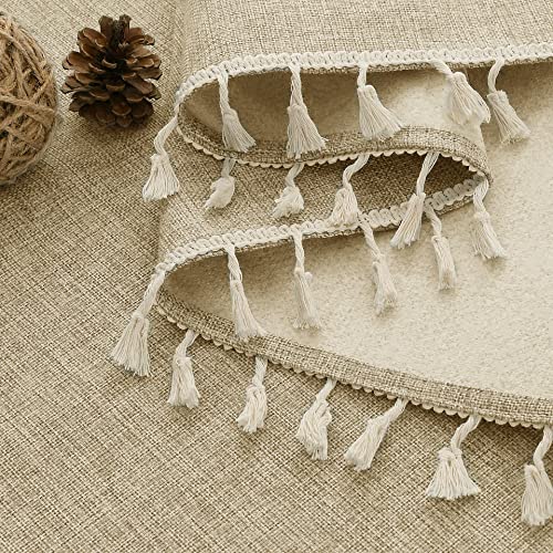 Tan Farmhouse Burlap Table Cloth For Rectangle Tables Hem Tablecloths Oblong Rustic Tan Table Cover With Tassel For Kitchen Dining Room Pet Poof Boho Flax Linen Textured Sand Taupe Color 55X84 Inch #TOP3