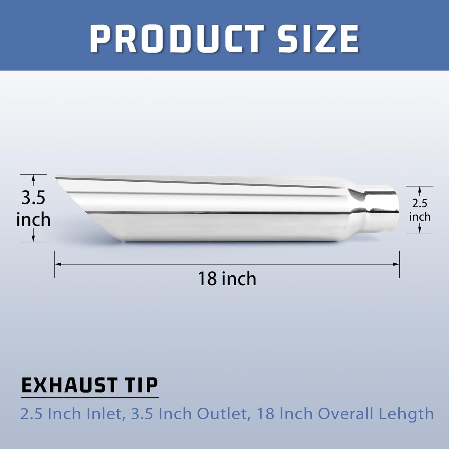 RP Remarkable Power, 2.5" Inlet - 3.5" Outlet 18" Long Stainless Steel Angle Cut 45 degree Exhaust Tip EXT14