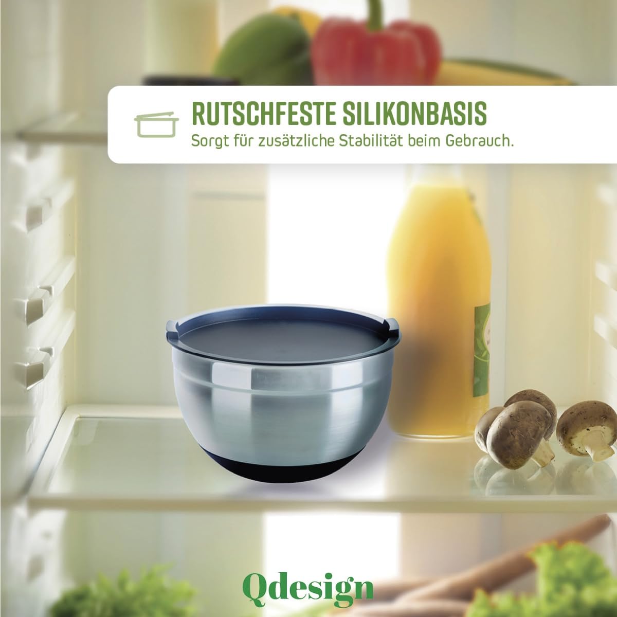 Qdesign - Set aus 3 Rührschüsseln aus Edelstahl mit Kunststoffdeckeln - 16 & 20 & 24 cm - Rührstäbchen Rutschfester Silikonboden - Stapelbar - Silberfarben