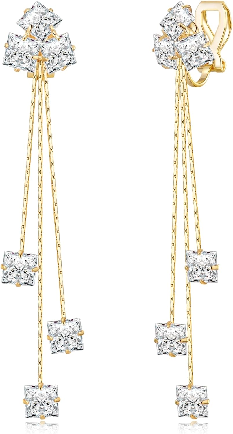 YOQUCOL Women Cubic Zirconia Crystal Long Drop Dangle Clip On Earrings For Not Pierced Women