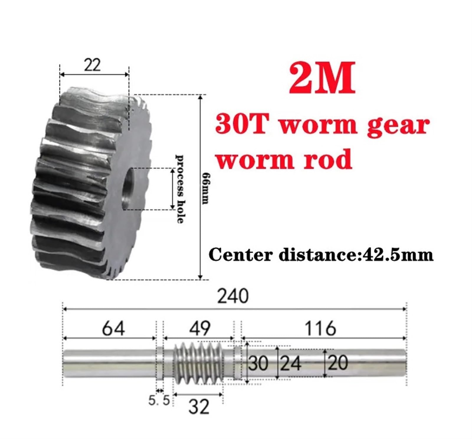 Bevel Gear Pinion Hardware Mechanical 1pcs 2 Modulus 30 Teeth Reducer Worm Gear Process Hole and 2M Worm Rod Transmission Ratio 1:30 45# Steel for CNC Parts
