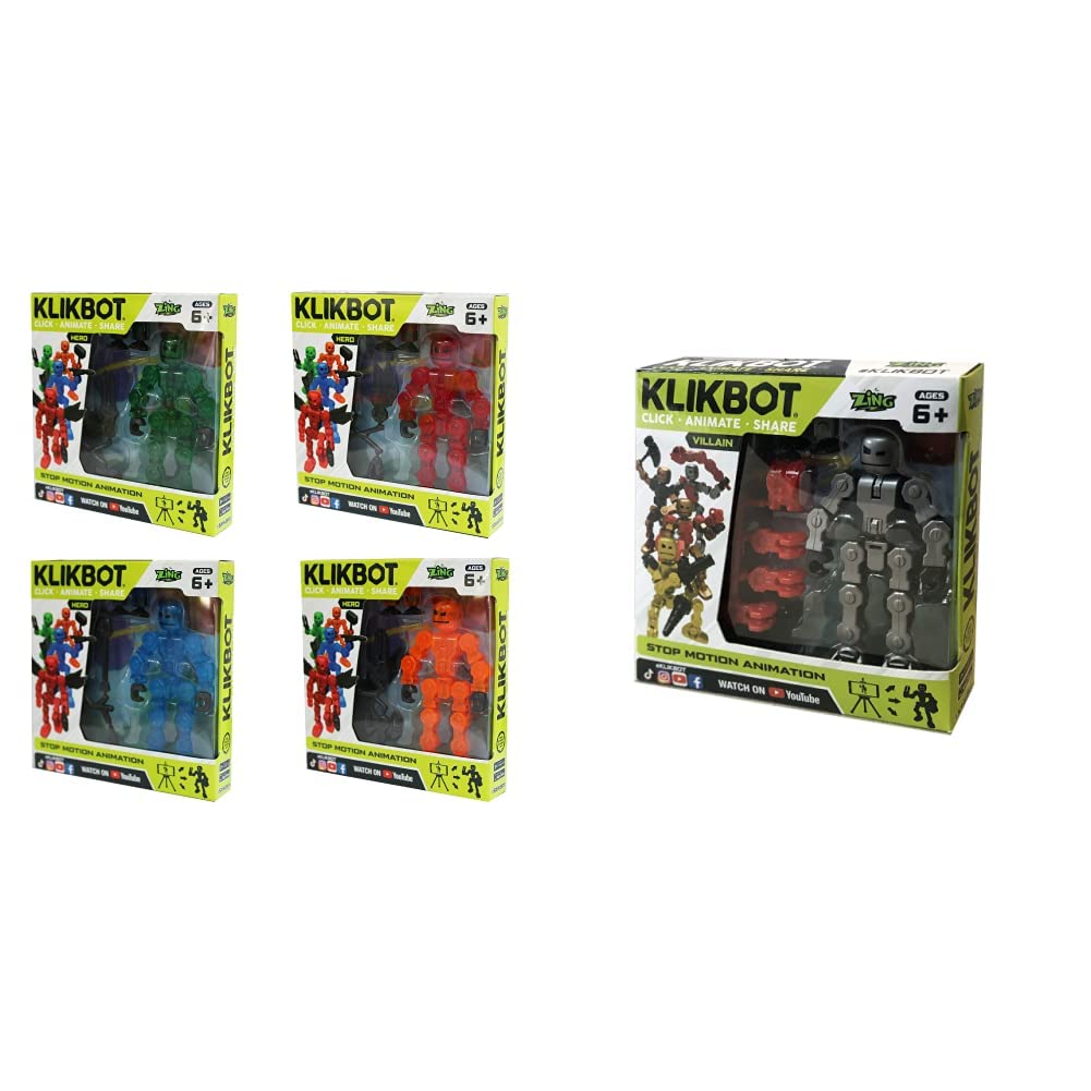 Zing KLIKBOT 4 Pack Includes All 4 Heroes & KLIKBOT Villain Blind Pack Single
