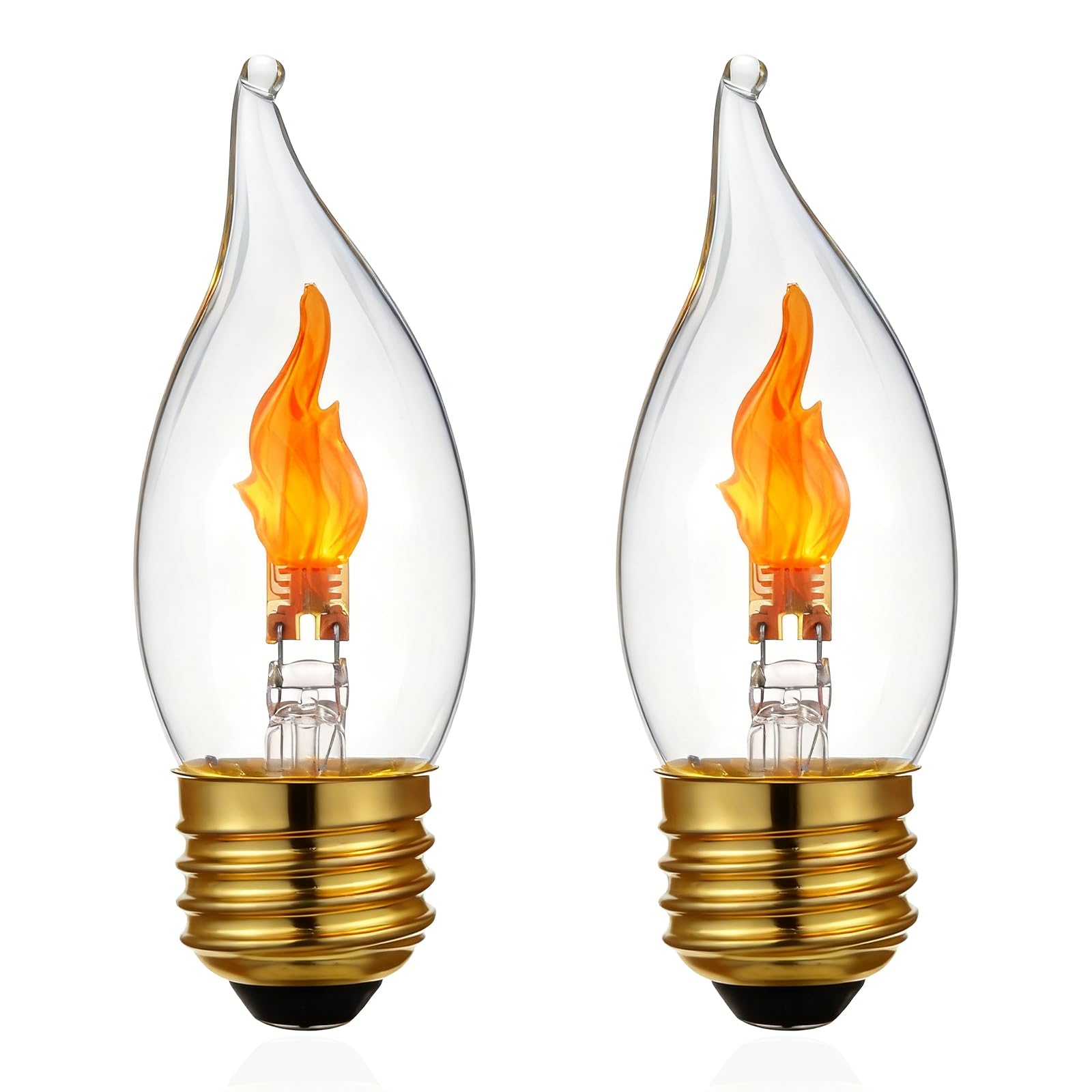C11/C35 LED Flame Effect Bulb, E26 Base, Flickering Candle with Crystal Clear Glass – Non-Dimmable, 2-Pack