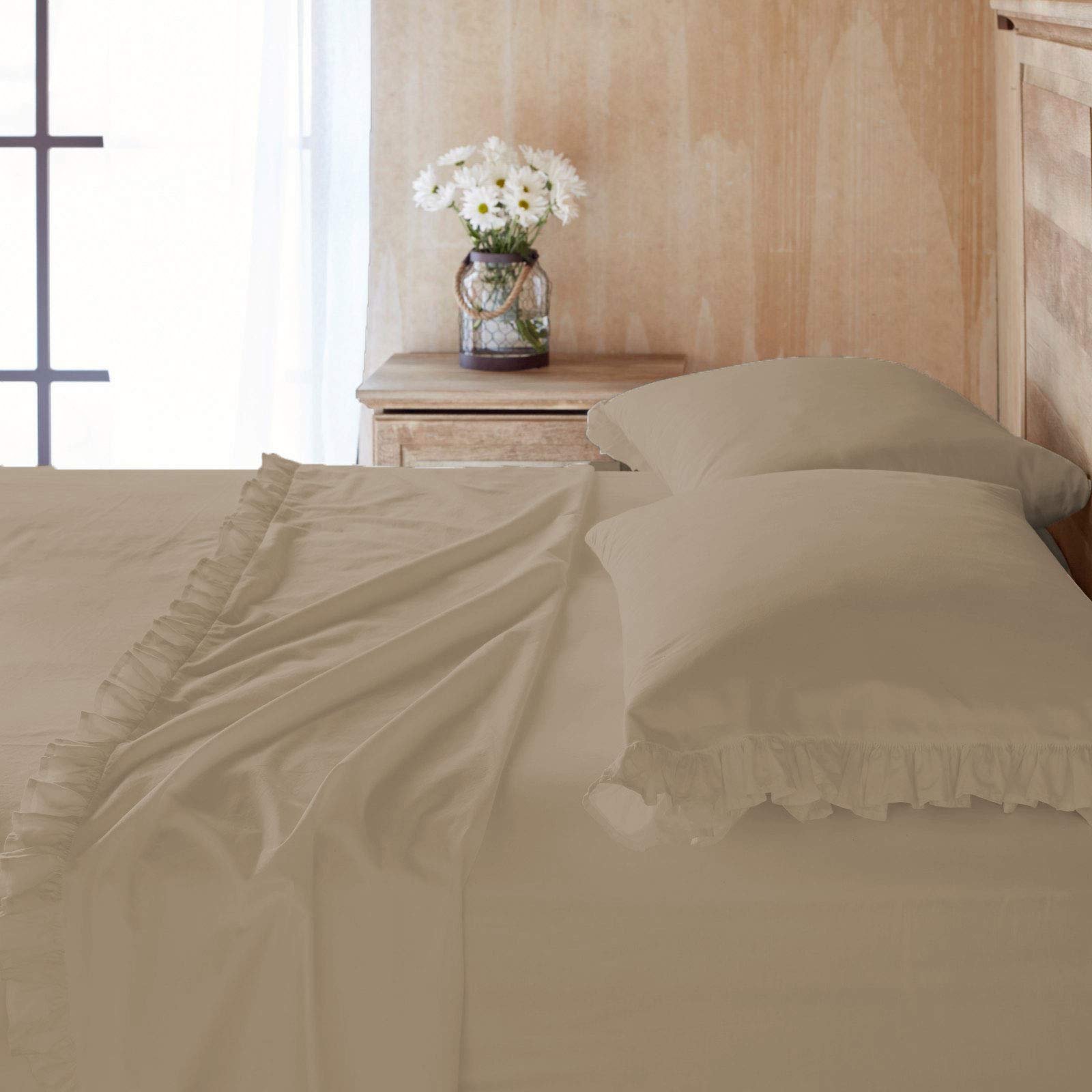 Drap plat à volants en coton égyptien anti-bouloche pour lit King size taupe