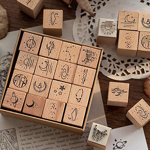 Fciqven 16 Pcs Vintage Wooden Rubber Stamp Set, Moon Decorative Stamp Wood Rubber Stamp for DIY Craft, Scrapbooking, Card Making, Gift Wrapping, Journals - Thumbnail 4