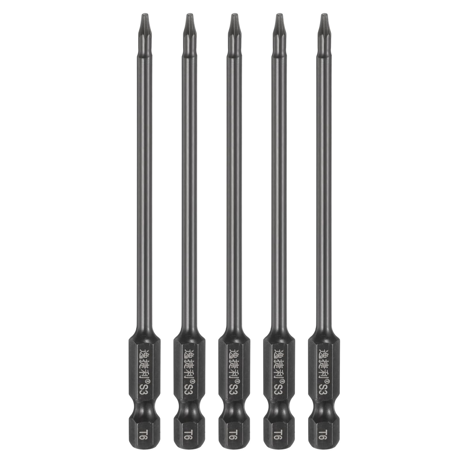 sourcing map 5pcs T6 Security Torx Head Screwdriver Bit 1/4" Hex Shank 4" (100mm) Long Magnetic No Hole Tamper Proof 6 Point Star Screw Driver Drill Bit S3 Steel Mirror Polished Power Tool